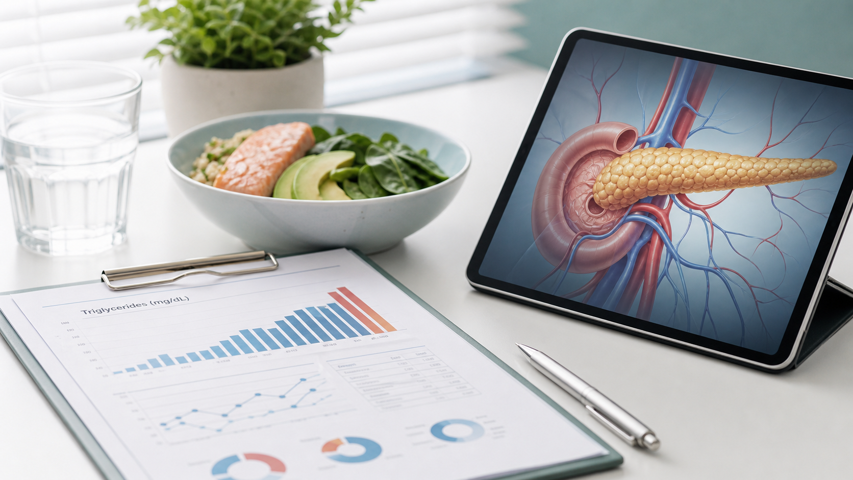 A medical illustration of the pancreas, blood vessels and a triglyceride report beside a heart-healthy meal