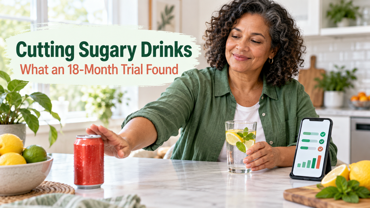Adult choosing water while using a digital habit tracker, illustrating research on reducing sugary drinks.