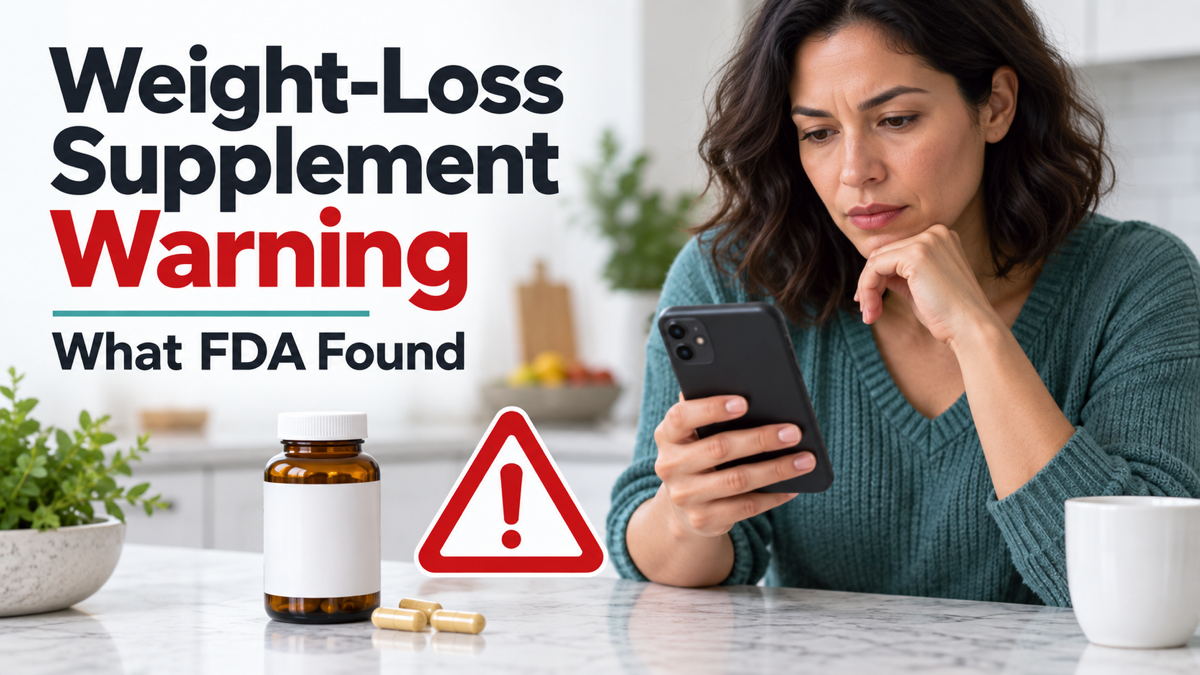 Adult checking a supplement safety alert beside an unbranded bottle, illustrating FDA warnings about contaminated weight-loss products.