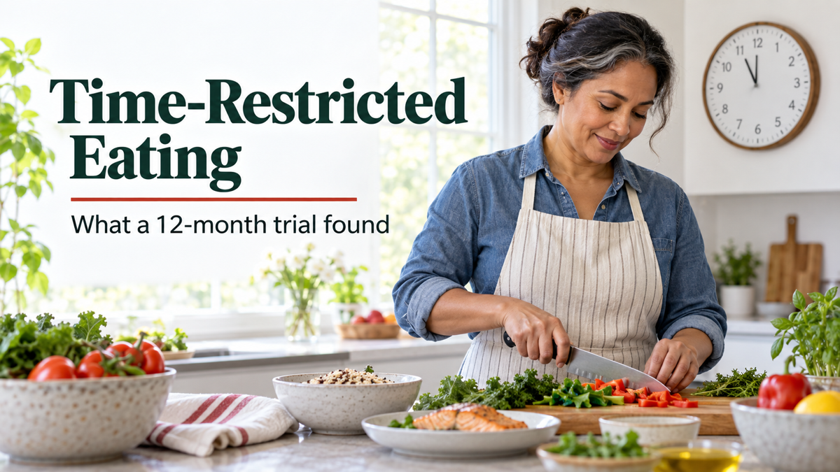 Adult preparing a balanced meal beside a clock, illustrating time-restricted eating and diabetes risk research.