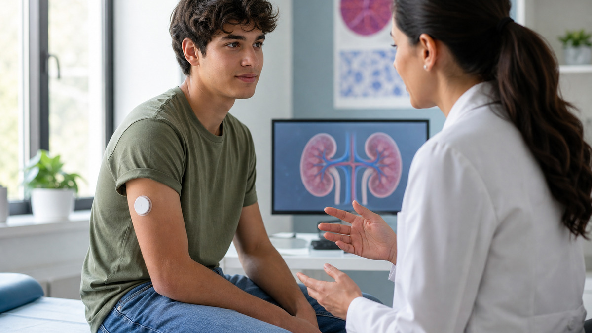 Young person with type 1 diabetes discussing kidney research with a clinician
