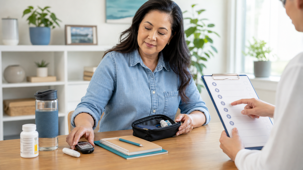 Adult with diabetes organising a glucose meter, medicines, water and a notebook with support from a healthcare educator
