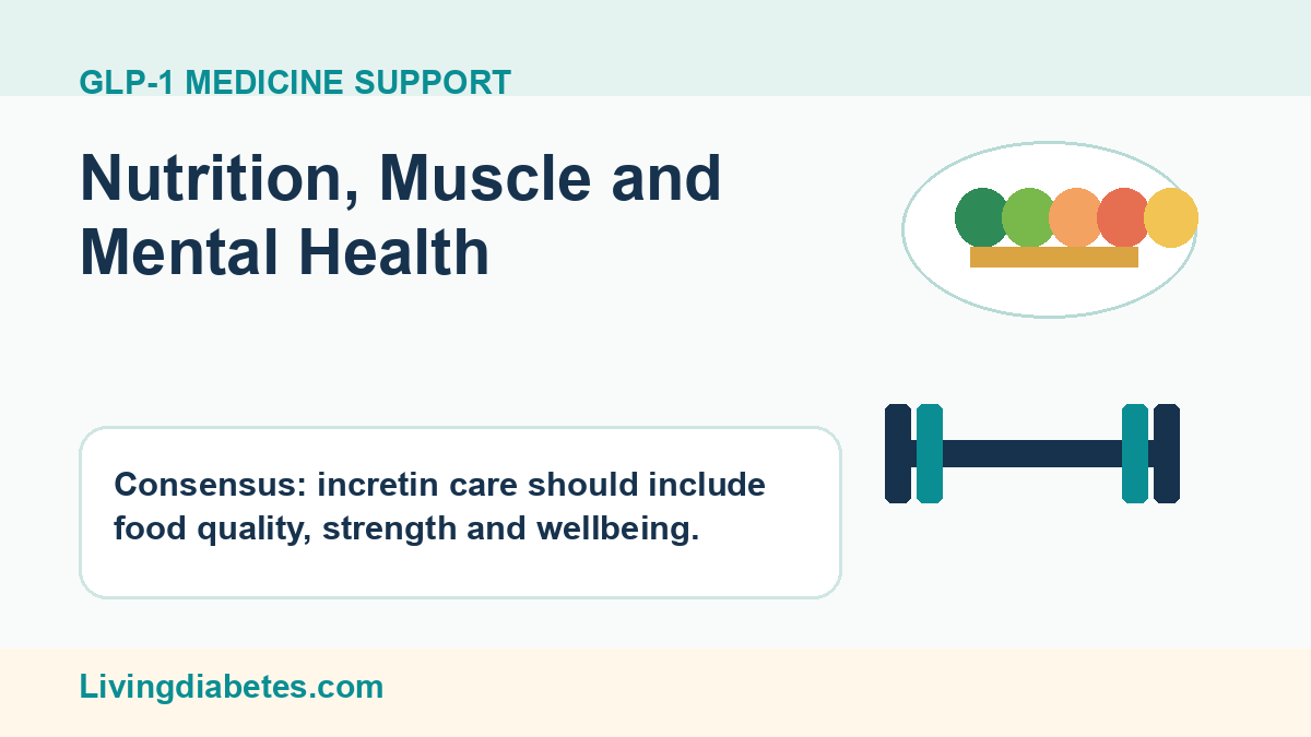 Livingdiabetes graphic about GLP-1 medicine support for nutrition, muscle, and mental health.