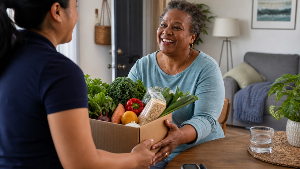 Adult receiving a box of medically tailored groceries while checking glucose