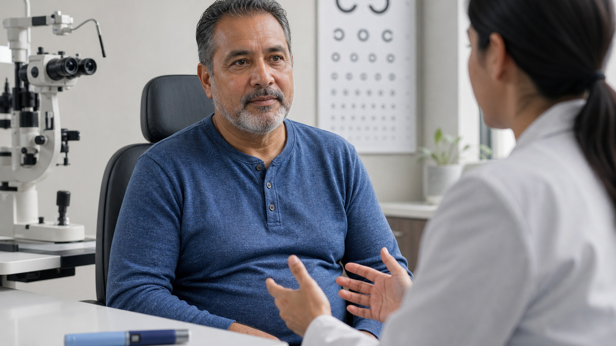 Adult in an eye clinic discussing vision changes and diabetes medicines