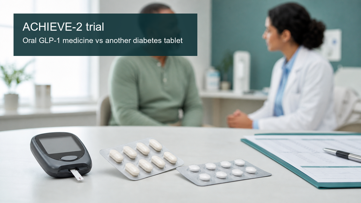 Healthcare editorial image showing a glucose meter and unbranded tablets during a diabetes treatment discussion.