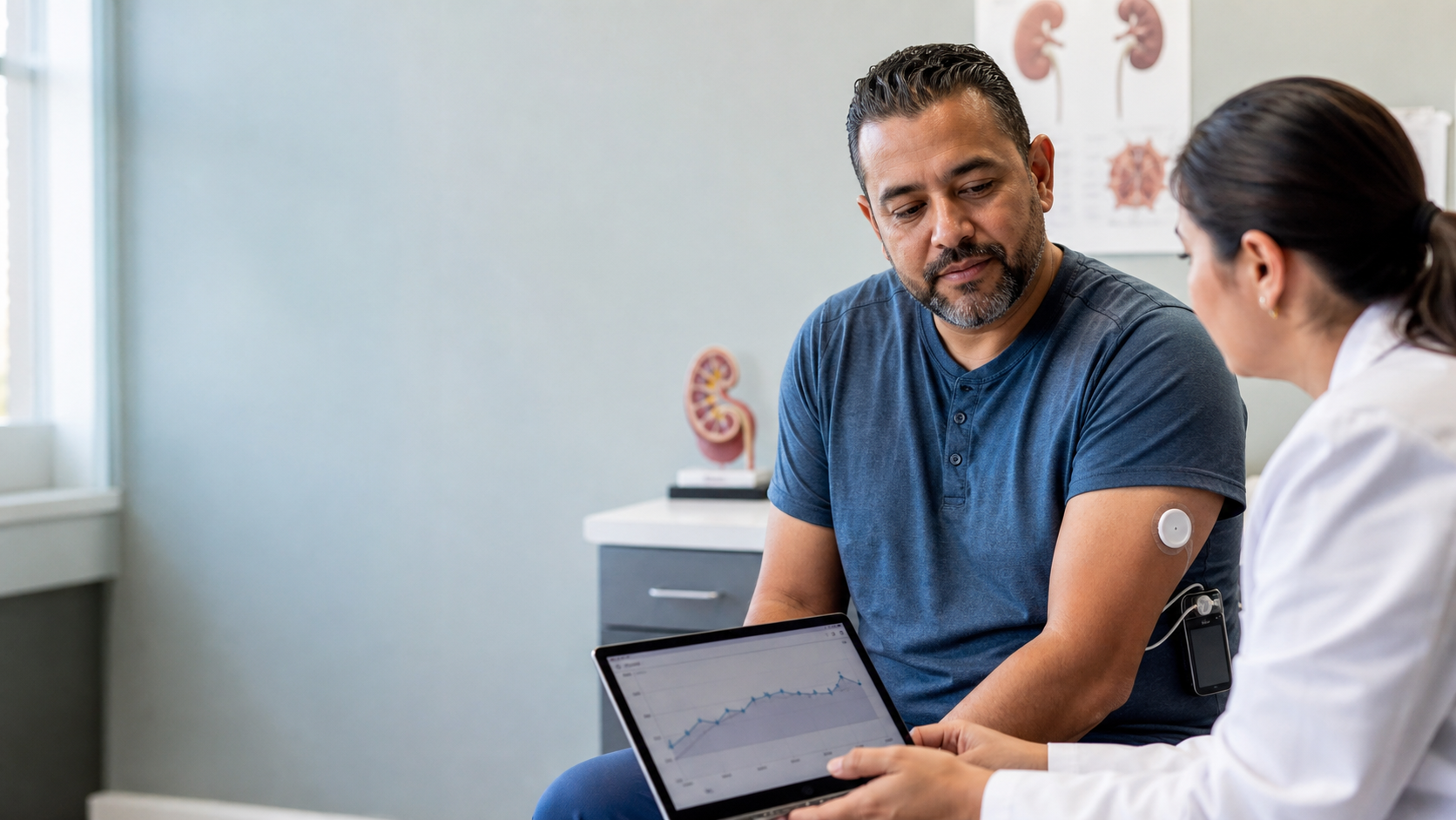 Adult with diabetes discussing glucose data and insulin pump care with a specialist in a kidney clinic