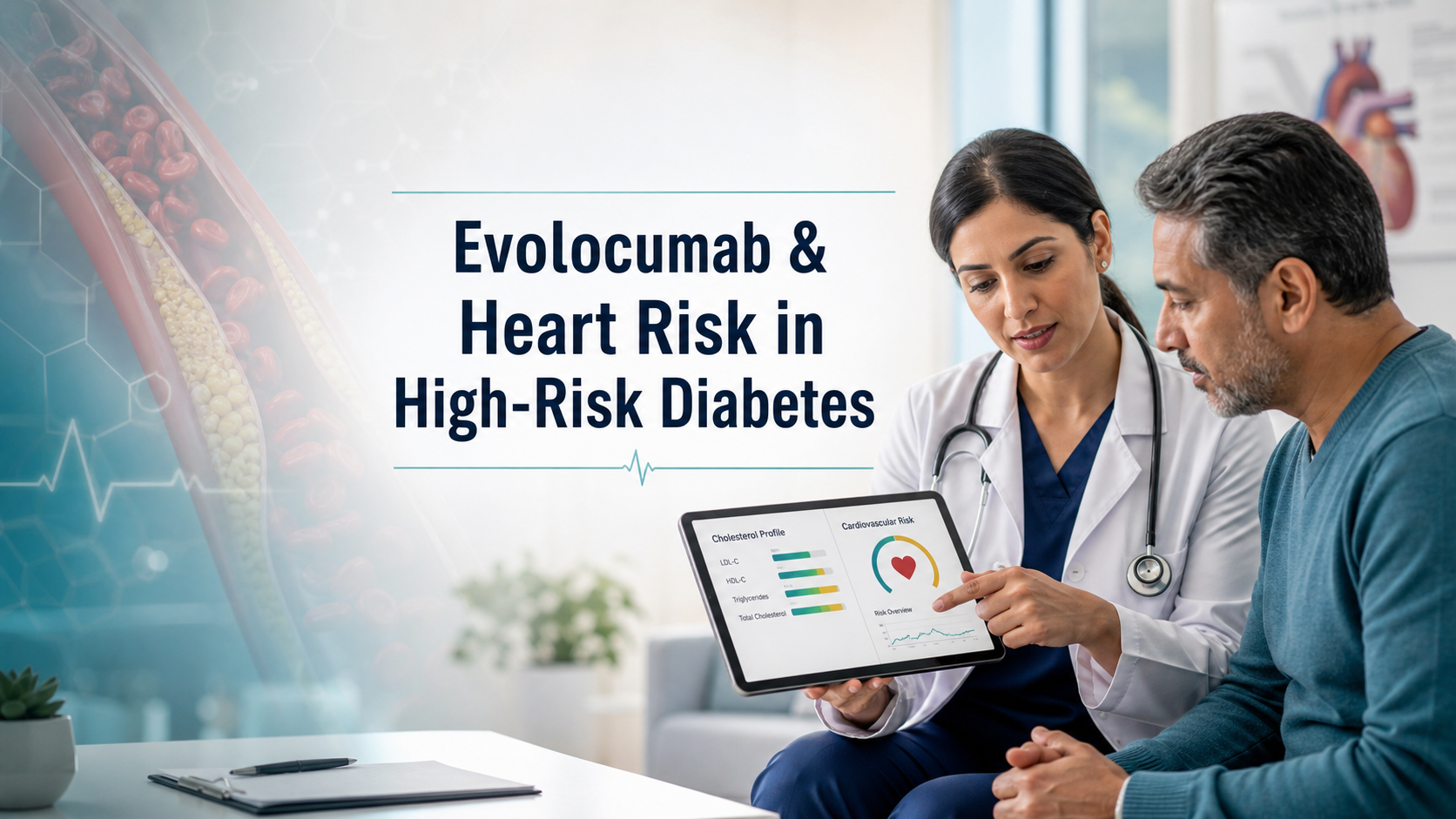Adult with diabetes discussing cholesterol and cardiovascular risk with a clinician in a cardiometabolic clinic.