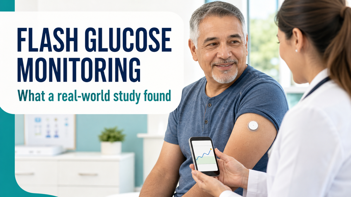 Adult with insulin-treated type 2 diabetes discussing flash glucose monitoring with a clinician.