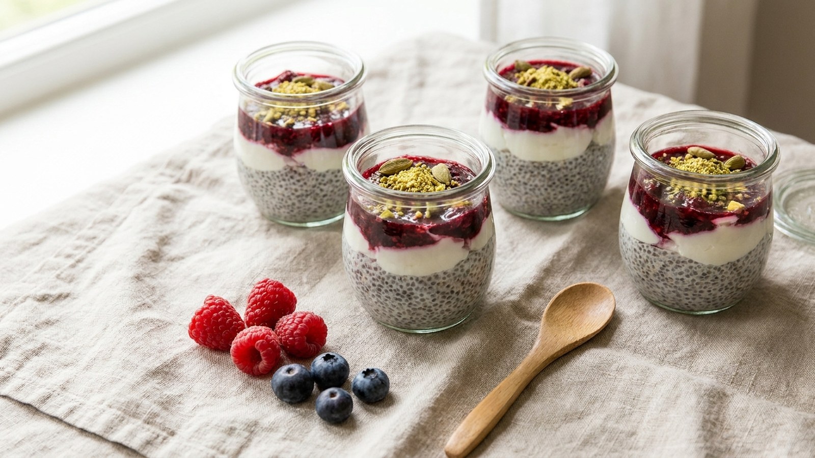 Small glass cups of labneh chia breakfast with berries and pistachio