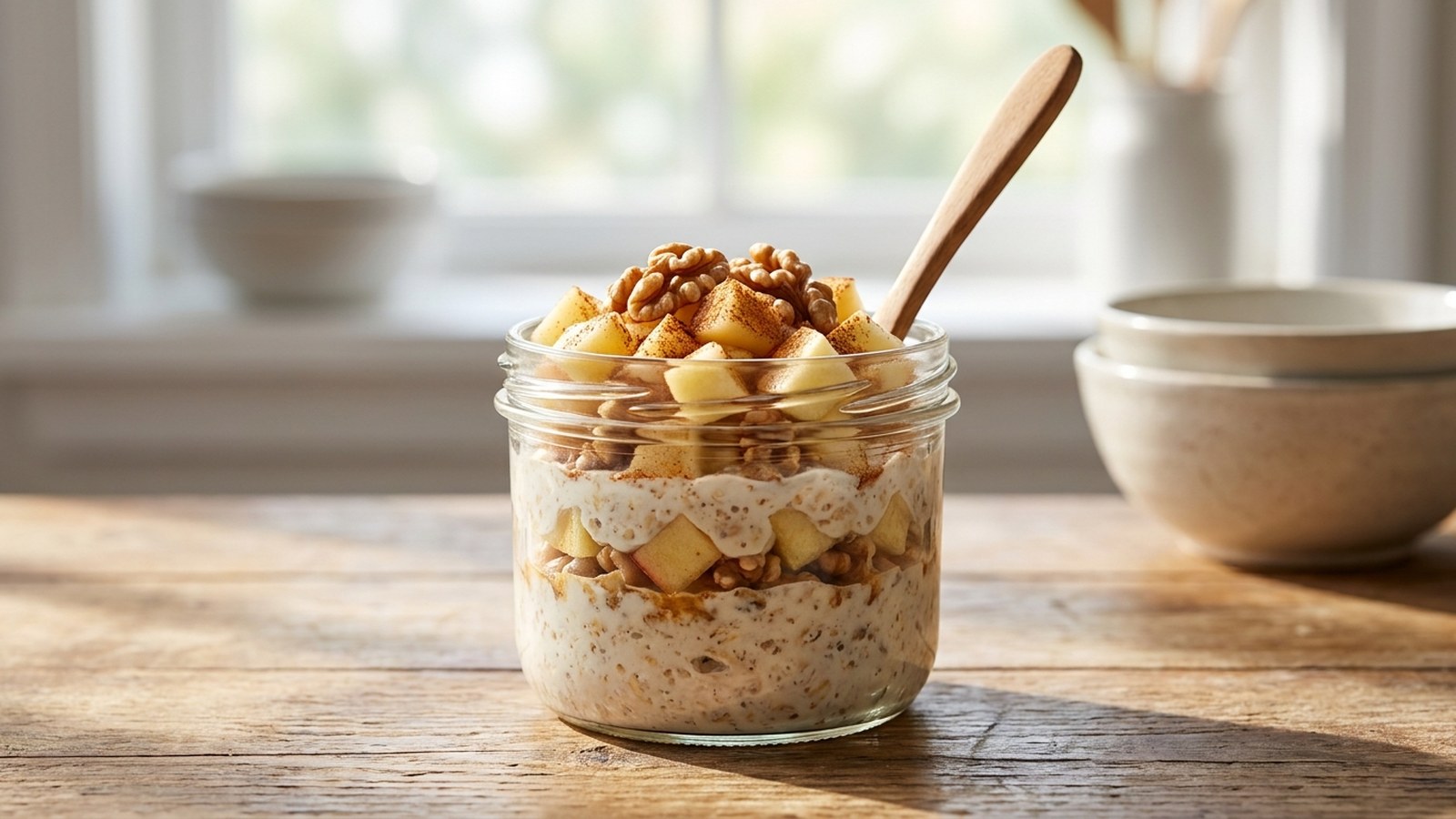 Apple walnut skyr overnight oats in a glass jar with cinnamon