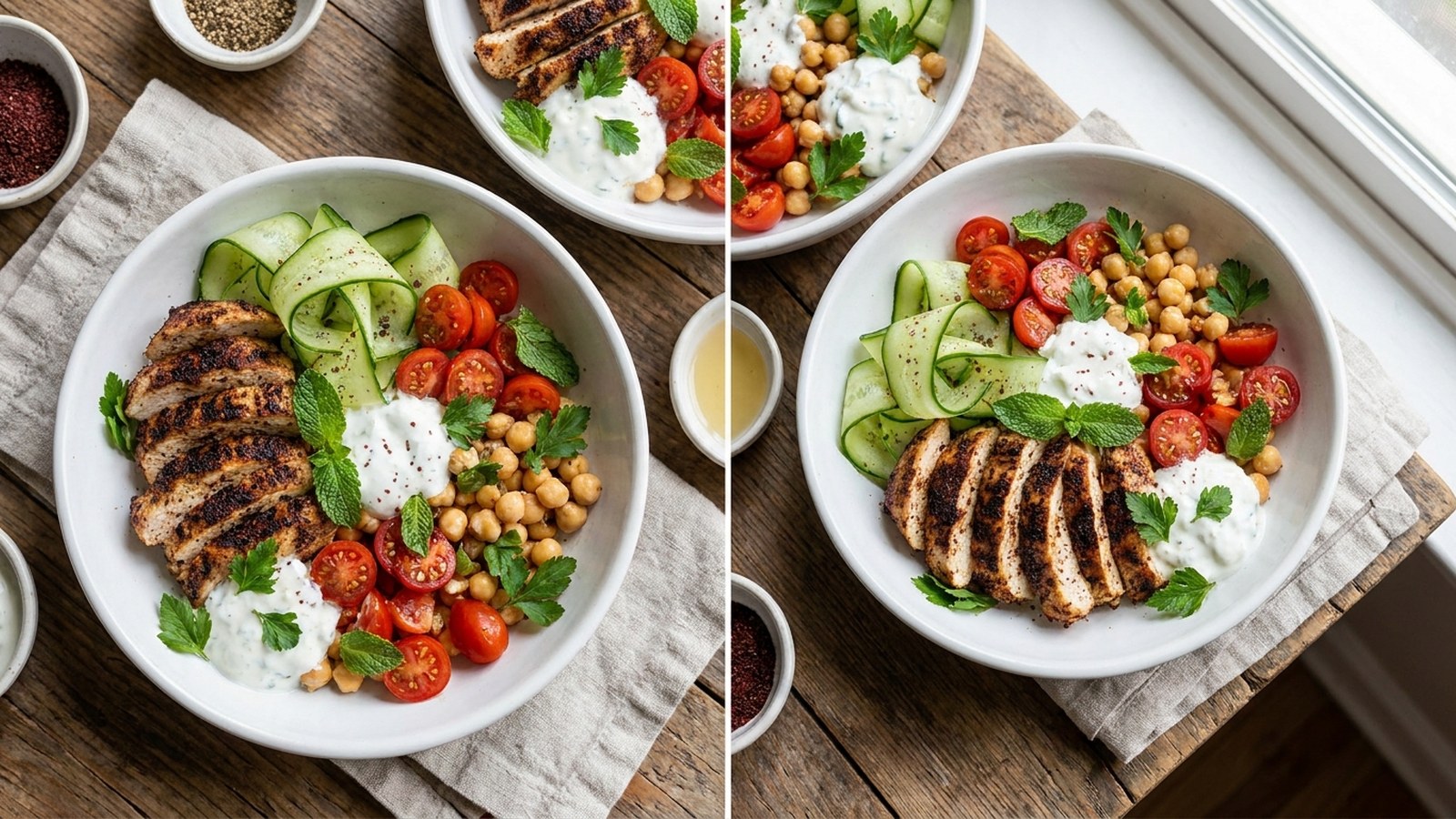 Sumac chicken cucumber bowl with chickpeas, herbs, and yogurt sauce