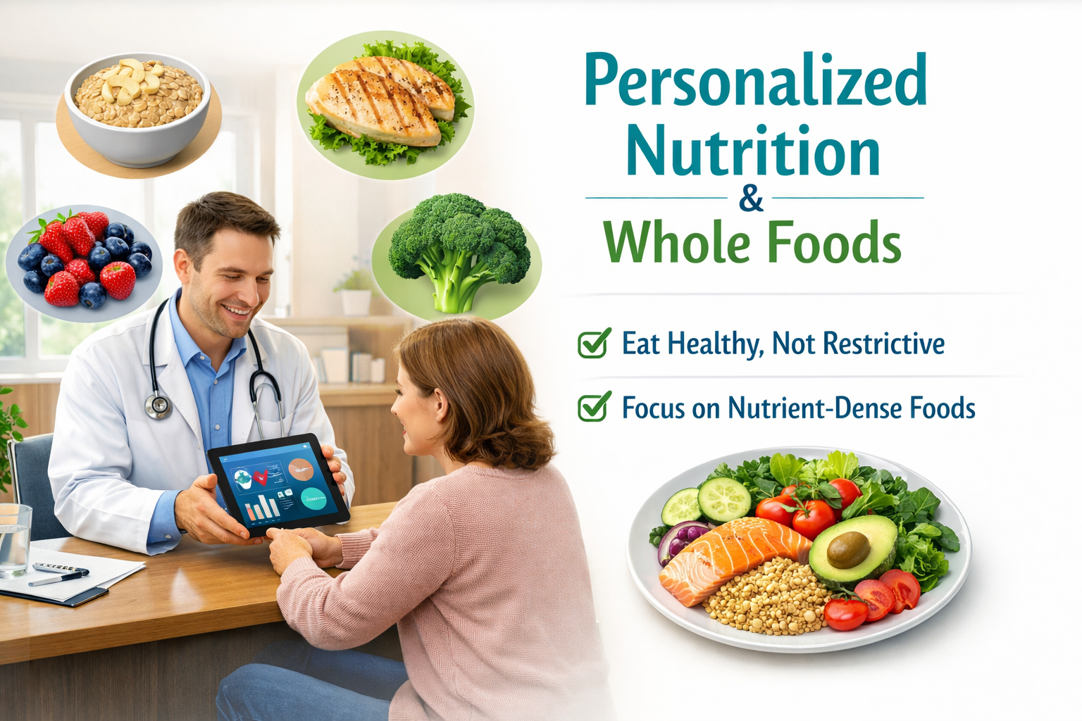 A clinician discussing personalized nutrition and whole foods with a patient