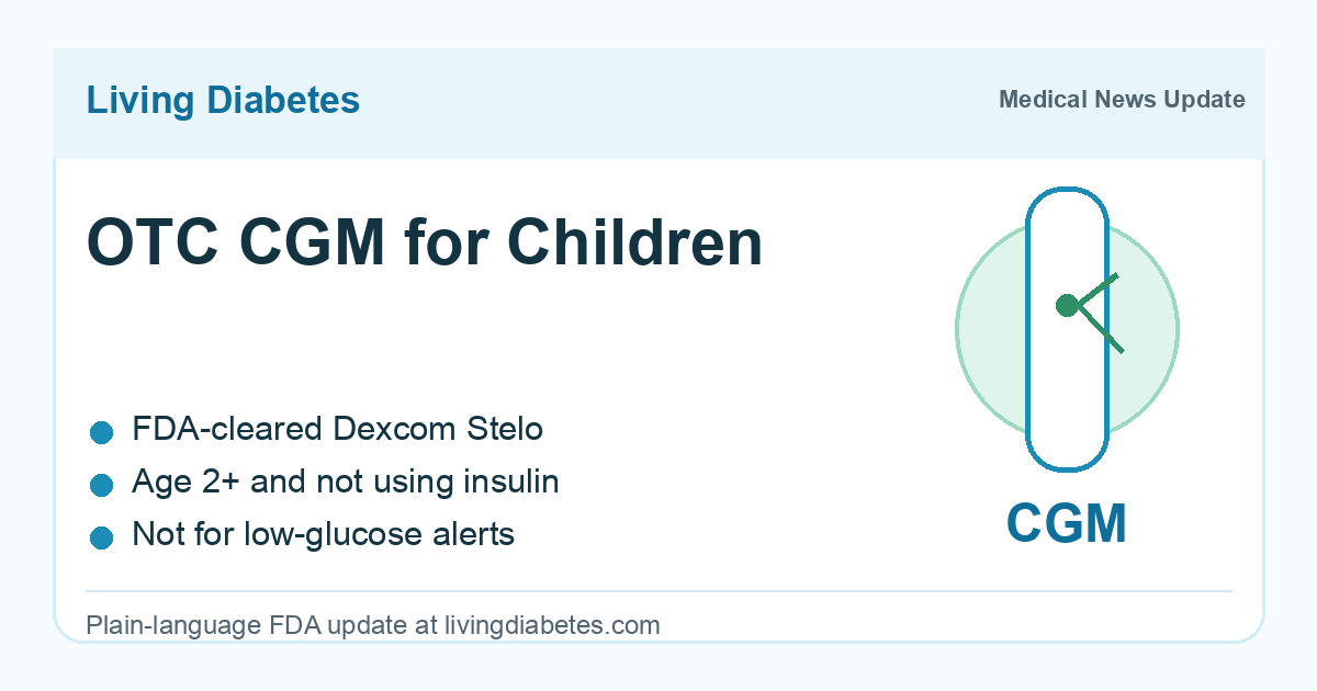 Living Diabetes medical news card about an FDA-cleared over-the-counter CGM for children